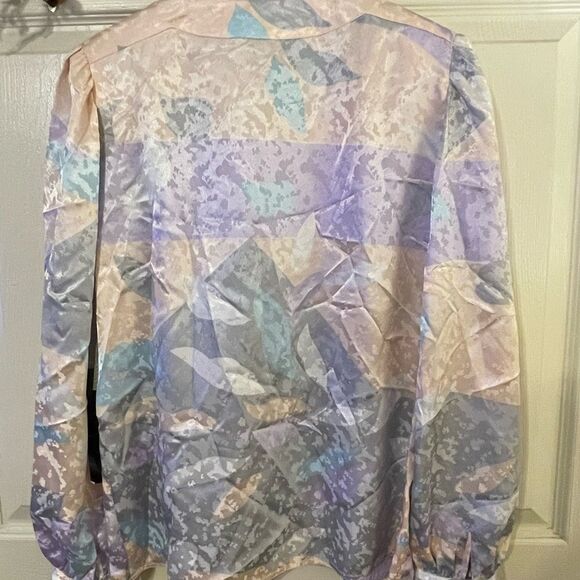 NWT Vintage 80s Satiny Print Blouse with Shoulder Pads - Picture 5 of 7